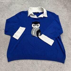 Notations Owl Faux Layered Shirt Pullover Sweater Womens Plus Size 1X Blue Knit